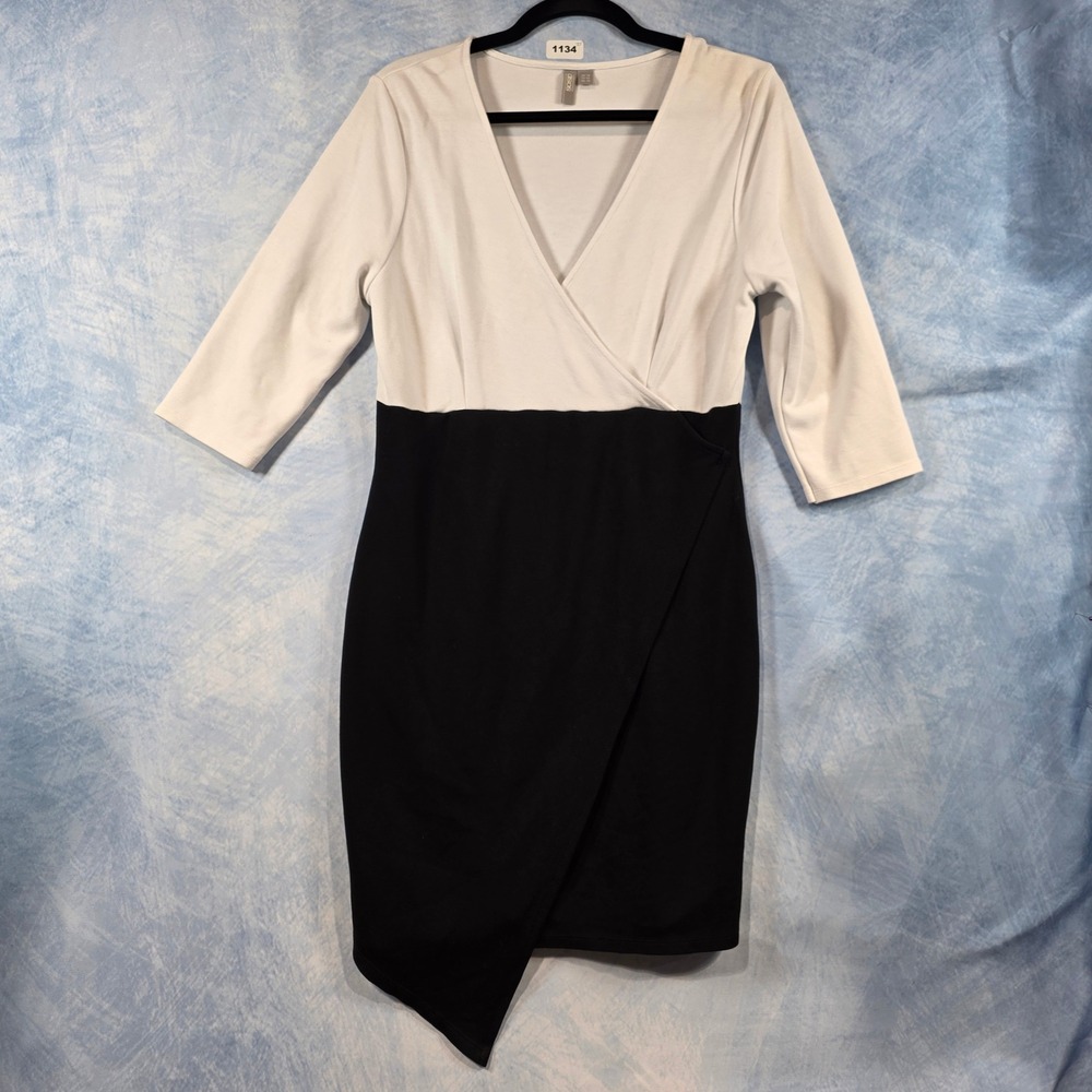 ASOS Womens Black White Colorblock Wrap Dress Asymmetrical Hem 3/4 Sleeve US 10